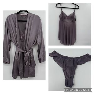 Vintage Victoria's Secret purple mauve babydoll chemise robe thong‎ set large